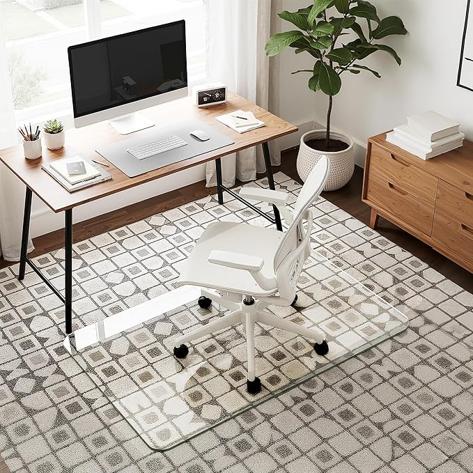 Homsion 28"x48" Tempered Glass Office Chair Mat for Carpet & Hardwood Floor, 1/6" Thick Clear Floor Protector Desk Chair Mat with Rounded and Polished Edges
