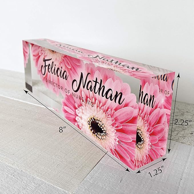Artblox Office Desk Name Plate Personalized | Custom Name Plates for Desks | Pink Daises Design On Clear Acrylic Glass | Office Desk Decor - (8" x 2.5")