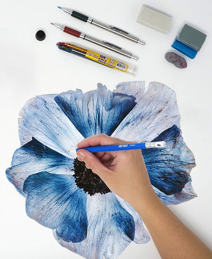 June Gold 4 Pro 2.0 mm Mechanical Pencils, 36 Colored, 36 2B, and 36 4B Refills, 2 Sharpeners, 2 Smudge Resistant Erasers, Built in Sharpeners & Soft Non-Slip Grip on Each Pencil