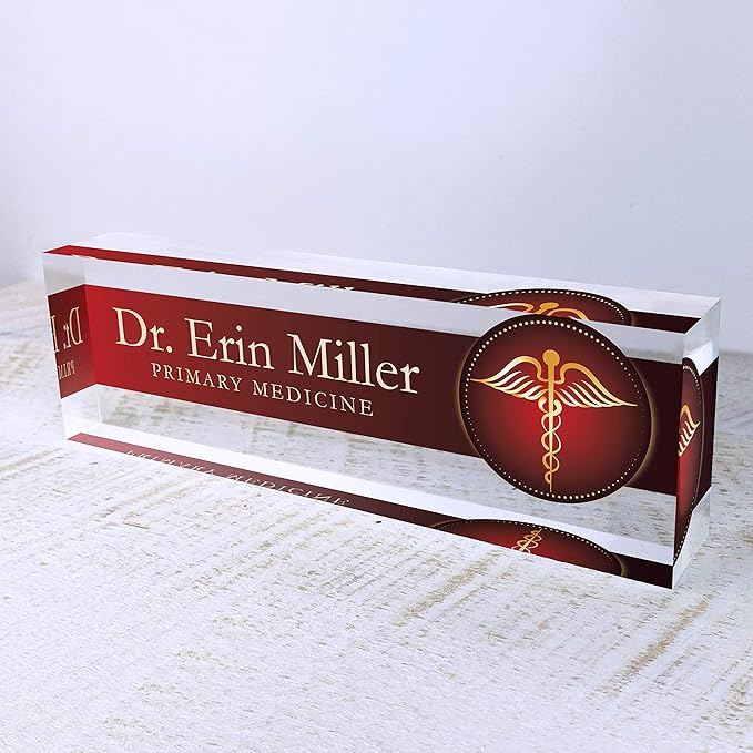 Artblox Office Desk Name Plate Personalized | Custom Name Plates For Desks | Medic Design On Clear Acrylic Glass | Cute Office Desk Accessories Customized Gifts - (8" x 2.5")