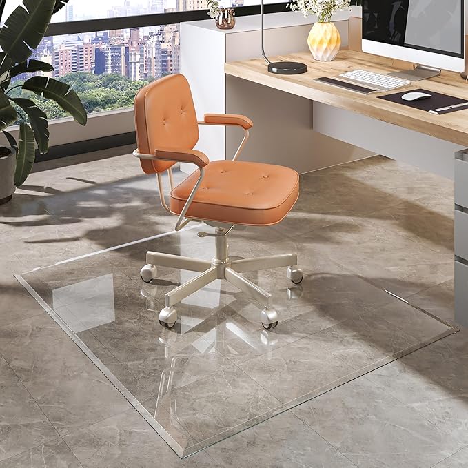[Tempered Glass] 55“x48” Beveled Edge Glass Chair Mat with Polished Edge Clear Office Chair Mat, Glides Smoothly, Suitable for Carpet or Hardwood Floors