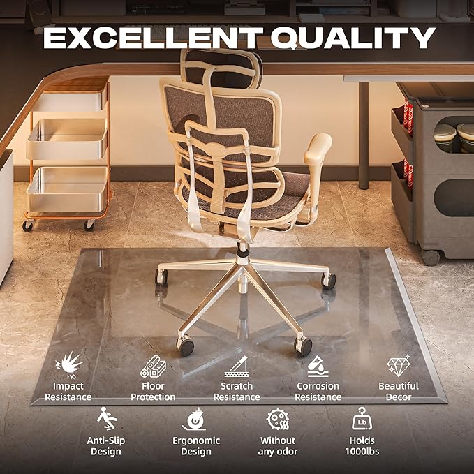 [Tempered Glass] 50“x44” Beveled Edge Glass Chair Mat with Polished Edge Clear Office Chair Mat, Glides Smoothly, Suitable for Carpet or Hardwood Floors (Grey)