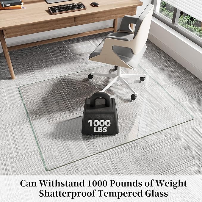 FlyEcho Glass Chair Mat 40" x 48" Heavy Duty Tempered Glass Office Chair Mat, Glass Floor Mat with Round Corner and Polished Edge for Smooth Glide, Carpet Hardwood Floor Protector
