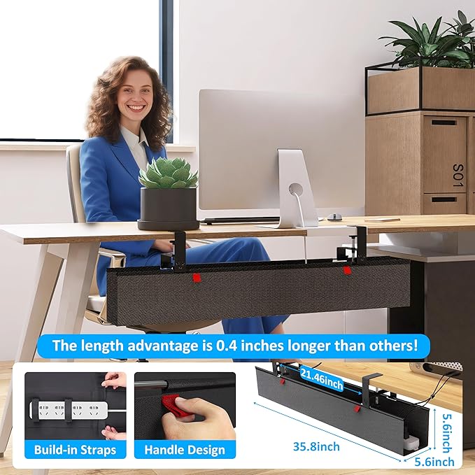 Under Desk Cable Management Tray - Under Desk Cord Management - Clamp/Screw Mount - Fabric Wire Management - Cable Raceways Tray Cord Hiders for Office/Home (Black, 35.8"×5.6")