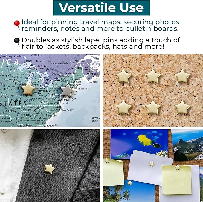 Big Star Push Pins - Gold Star Pins - for Cork Board, Maps, or Lapel Pin Use - Designed in USA - Set of 4