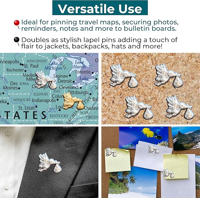 Stork Carrying Baby Map Pins - Silver Stork Pins for Cork Boards, Maps, or Lapel Use - Designed in USA - Set of 20