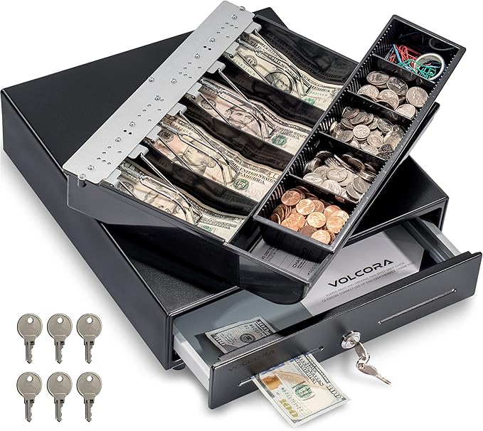 Volcora 13" Cash Register Drawer for Point of Sale (POS) System with Fully Removable 2 Tier Cash Tray, 4 Bill/5 Coin, 24V, RJ11/RJ12 Key-Lock, Double Media Slot, Small Money Drawer, Black