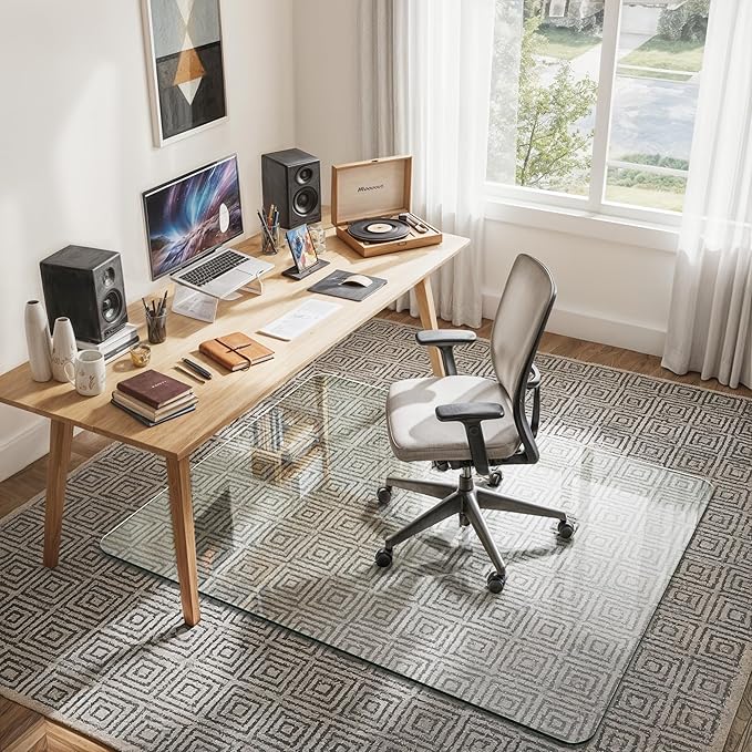 Homsion 45"x55" Tempered Glass Office Chair Mat for Carpet & Hardwood Floor, 1/5" Thick Clear Floor Protector Desk Chair Mat with Rounded and Polished Edges