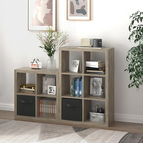 4 Cube Organizer, Cube Storage Organizer with Fabric Bin, Cube Storage Shelf for Bedroom, Living Room, Office, Modular Bookshelf Organizer for Books, Closet, Gray Oak