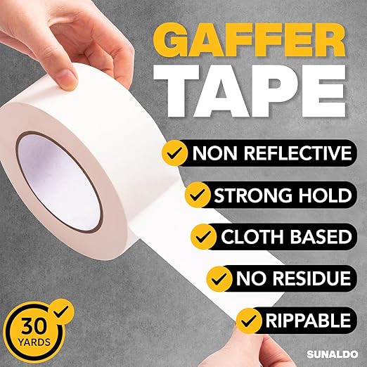 Gaffers Tape, Strong Hold, Easy to Rip, Residue-Free Professional Grade Floor Tape for Electrical Cords, Matte Finish Non Reflective, Weather Resistant (1 Pack, White, 2" x 30 Yards)