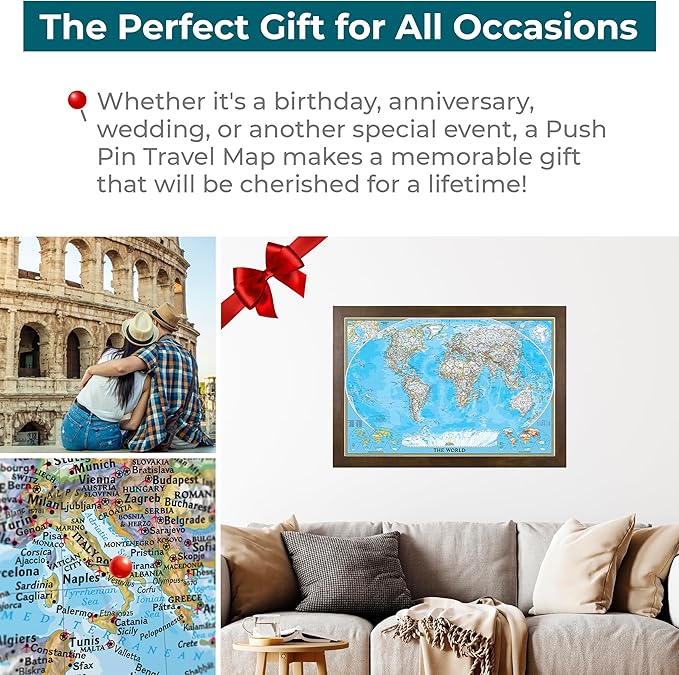 Canvas Classic World Map Pin Board – Framed Travel Map with Pins for Wall – Personalized Push Pin World Map for Tracking Journeys – 27.5" x 39.5" Rustic Brown Frame