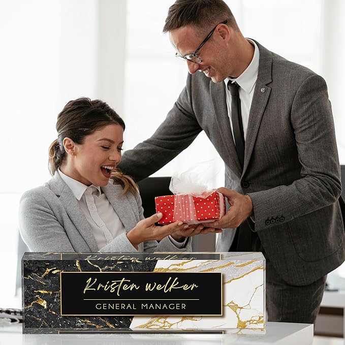 Desk Name Plate Personalized, Custom Name Plates for Desks, Office Desk Decor, Marble Design Clear Acrylic Glass Block, Personalized Office Gifts for Women Men Boss Teachers Coworker Appreciation Gift