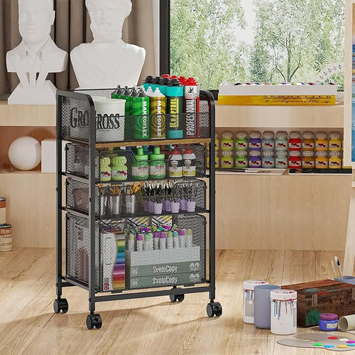 4-Tier Rolling Utility Cart with 3 Drawers - Craft Organizers and Storage with 360° Lockable Wheels,Art Supply Storage Organizer for Art Supplies, Store for Brushes & Paints & Artifacts Small Parts
