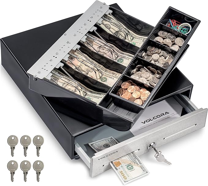 Volcora 13" Cash Register Drawer for Point of Sale (POS) System - Black with Stainless Steel Front - Fully Removable 2 Tier Cash Tray, 4 Bill/5 Coin, 24V, RJ11/RJ12 Key-Lock, Double Media Slot