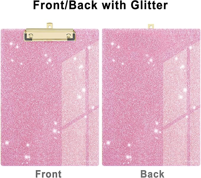 Glitter Acrylic Clipboard Decorative Standard A4 Letter Size 12.2" x 8.7", Fashion Bling Clip Boards with Designed Low Profile Gold Clip for Classroom Office - Warm Pink
