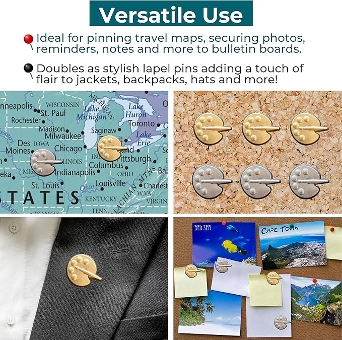 Painters Palette Push Pins - Silver Paint Palette Map Pins for Artists for Cork Boards, Maps, or Lapel Use - Designed in USA - Set of 4