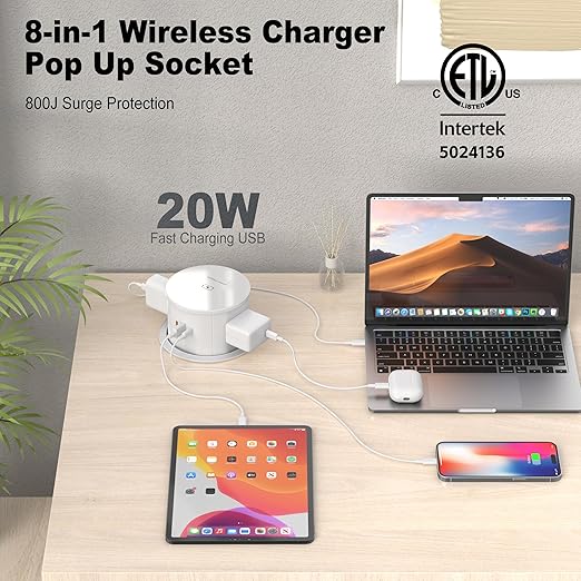 Pop Up Countertop Outlet with 15W Wireless Charger, PD 20W USB-C Ports & 4 AC Outlets, 800J Surge Protection, 4.75 inch Pop Up Receptacle, 6Ft Cord for Home Office(ETL & FCC Listed)