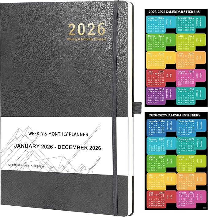 2026 Planner - 2026 Planner Weekly and Monthly, Jan. 2026 - Dec. 2026, 8.5" x 11", Leather Cover Planners with Thick Paper, Back Pocket with Notes Pages - Grey