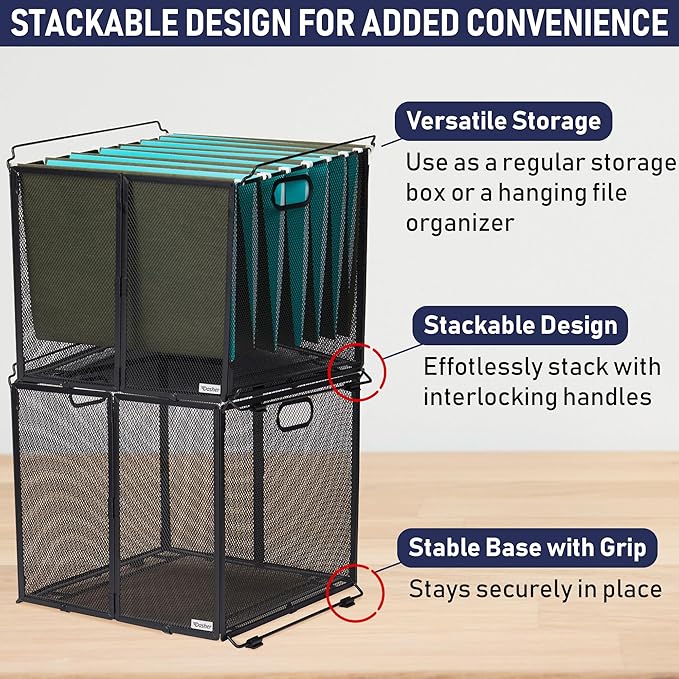 Dasher Products Hanging File Organizer Letter Size, Black Metal Mesh File Crate for Hanging Folders, Portable Document Folder Holder and Filing Bin. Ideal for Office, Home, and School Organization