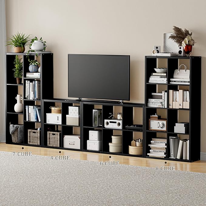 Cube Storage Organizer Bookcase, Decorative 11 inch Open Back Cubical Shelf with Thickened Border, Display Bookshelf for Living Room, Home Office, Sturdy Room (Black, 7 Cube)