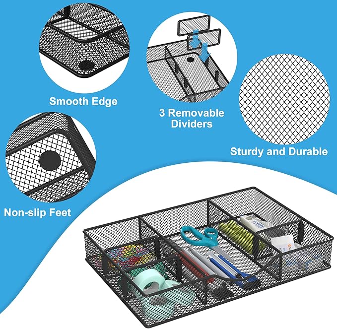 Desk Drawer Organizer Tray, Metal Mesh Drawer Organizers Office, 6 Adjustable Compartment, Desk Organizer Tray for Home Office 12 x 8.26 x 1.96 inch, Black, 1 Pack
