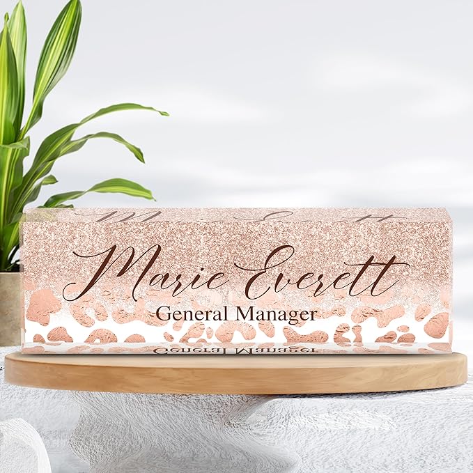 Personalized Name Plate for Desks, Custom Desk Name Plates, Acrylic Name Plate Office Desk Accessories, Personalized Office Gifts for Coworkers Teachers, Employee Appreciation Gifts (B-Leopard Print)