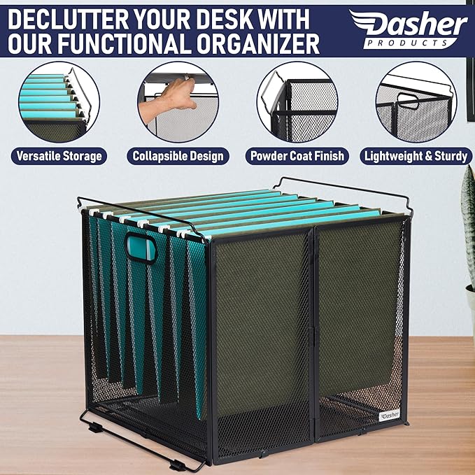 Dasher Products Hanging File Organizer Letter Size, Black Metal Mesh File Crate for Hanging Folders, Portable Document Folder Holder and Filing Bin. Ideal for Office, Home, and School Organization