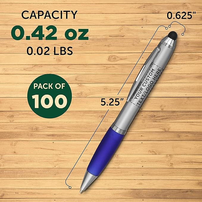 DISCOUNT PROMOS Custom Stylus Ballpoint Pens Set of 100, Personalized Bulk Pack - Black Ink, Great for Office, School, Business, Tradeshows, Events - Blue