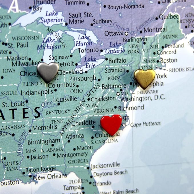 Mini Silver Heart Push Pins - Mini Silver Metal Heart Map Pins - for Cork Board, Maps, or Lapel Pin Use - Designed in USA - Set of 4