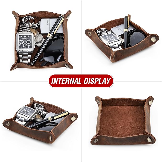 Top Grain Leather Desk Valet Tray Organizer for Man & Woman, Handmade Vintage Design, Foldable Design with Snap Buttons, Office Capacity Organizer Storage for Wallets/Watches/Keys/Coins, Coffee, Small