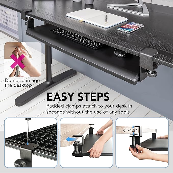 EHO Under Desk Keyboard Tray, Large 27.5" x 12.2" Slide-Out Clamp-On Drawer with Steel C-Clamps, Ergonomic Platform Fits Full-Size Keyboard and Mouse, Tool-Free Installation, TAA-Compliant