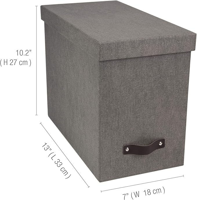 Bigso John Desktop File Box - Storage Solution and Document Organizer for Important Paperwork - Durable Hanging File Box with a Lid and Leather Handle - 7.36 in x 13.26 in x 10.51 in - Grey