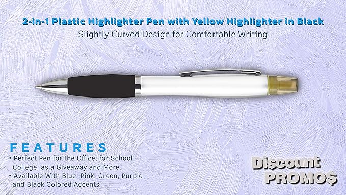 DISCOUNT PROMOS 10 Plastic Highlighter Pens Pack - Rubber Grip, Black Ink - Black