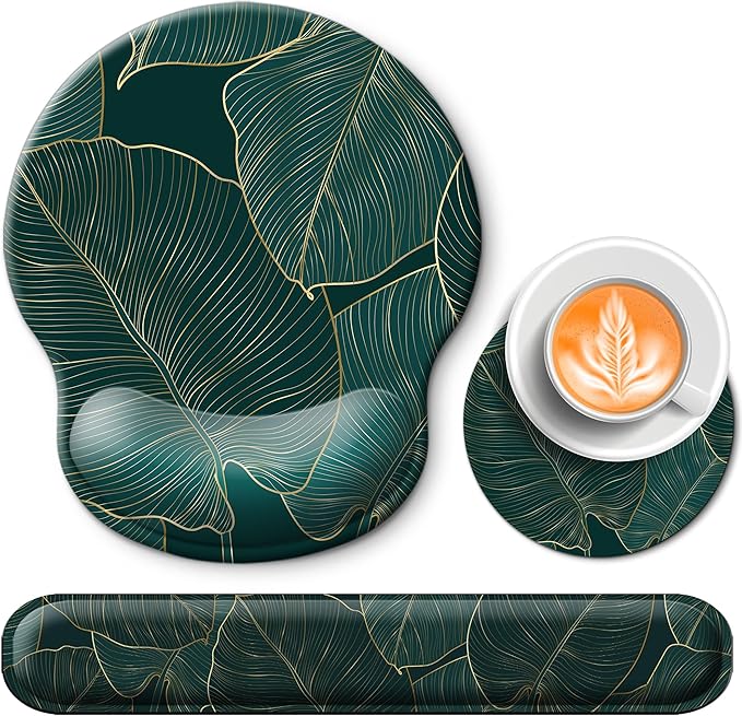 Mouse Pad and Keyboard Wrist Rest Support, with Non-Slip PU Base,Gel Mouse Pad with Coaster,Pain Relief for Gaming, Computer,Office -Green Leaves