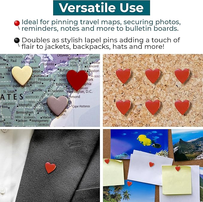 Big Red Heart Push Pins - Large Red Metal Heart Map Pins - for Cork Board, Maps, or Lapel Pin Use - Designed in USA - Set of 4