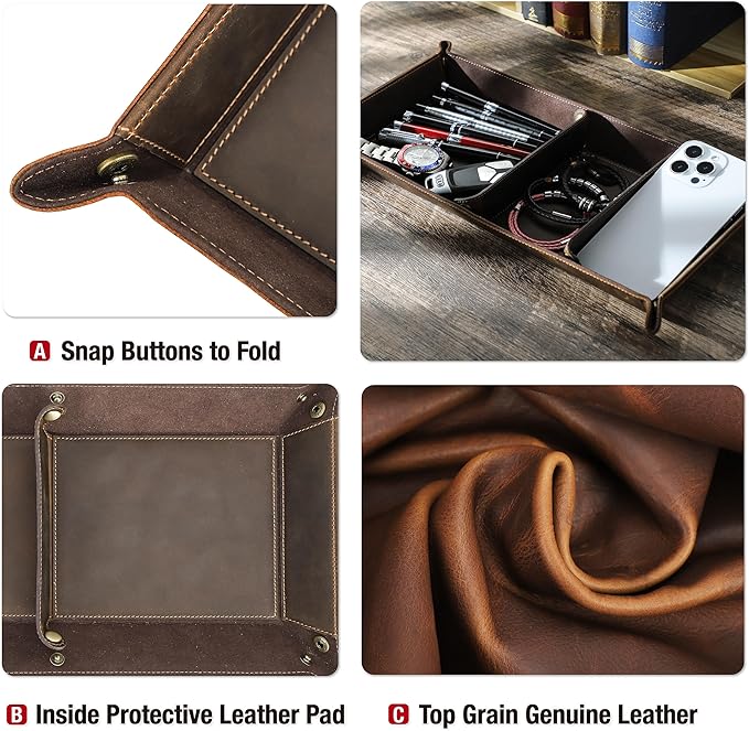 Top Grain Leather Desk Valet Tray Organizer for Man & Woman, Vintage Handmade, Foldable Flat Basket & 3 Compartments, Desk Catchall Holder for Wallet/Watches/Keys/Coins/Office Supplies, Coffee, Update
