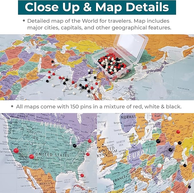 Push Pin Travel Maps - Customizable Blue Oceans World with Solid Wood Cherry Frame- 27.5" x 39.5" - 8 Handcrafted Frame Options - Made in USA - Ideal for Adventurous Travelers