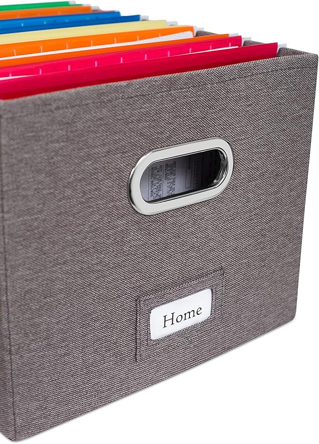 Internet's Best Collapsible File Storage Organizer with Lid - Decorative Linen Filing & Storage Office Box – Hanging Letter/Legal Folder – Home Office Bins Cabinet – Grey Container - 4 Pack