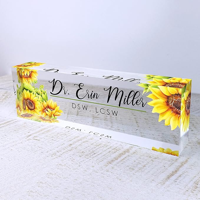 Artblox Office Desk Name Plate Personalized | Custom Name Plates for Desks | Sunflowers Design On Clear Acrylic Glass | Office Desk Decor - (8" x 2.5")