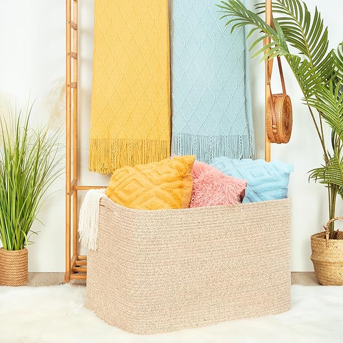 MINTWOOD Design 112L Extra Large Blanket Basket Holder Living Room, 25"x17"x16" Rectangle Rope Woven Storage Basket with Handles for Laundry, Towels, Shoes, Dog Toy Organizer Bin Box, Oatmeal Brown