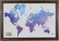 Personalized Vibrant Violet Watercolor World Travel Map with Solid Wood Brown Frame