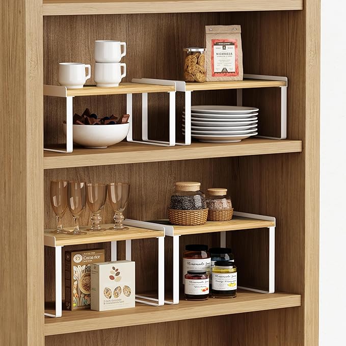 Kitchen Cabinet Organizer Set of 4, Desk Shelf Riser, Stackable Cabinet Pantry Cupboard Organizer, Kitchen Counter top Shelf, Storage Rack for Spices, Plates, Bamboo Wood, White