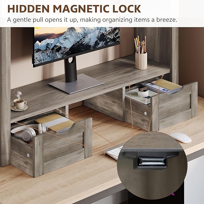 Desktop Bookshelf with Computer Monitor Stand, 37.4''W Desk Shelf Display Rack, Desktop Organizer Storage Rack with 4 Cubbies and 2 Drawers, 5-Tier Desk Hutch for Home, Office, Dorm, Vanity