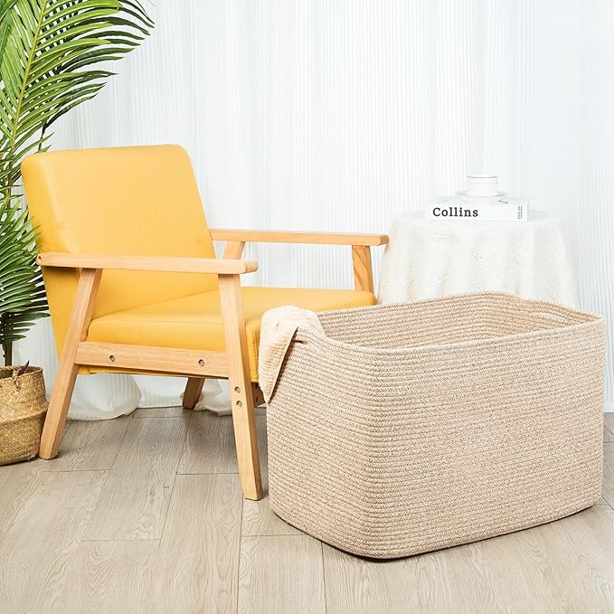 MINTWOOD Design 112L Extra Large Blanket Basket Holder Living Room, 25"x17"x16" Rectangle Rope Woven Storage Basket with Handles for Laundry, Towels, Shoes, Dog Toy Organizer Bin Box, Oatmeal Brown