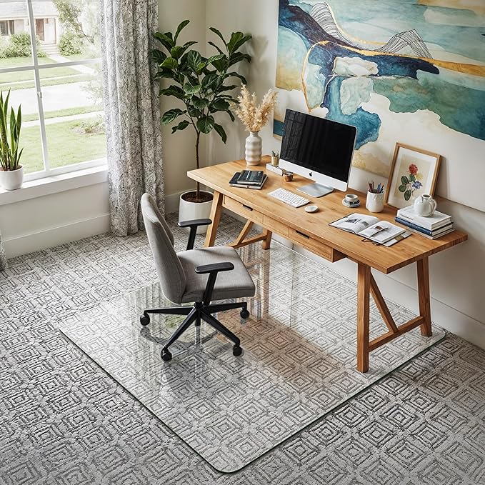 Homsion 45"x45" Tempered Glass Office Chair Mat for Carpet & Hardwood Floor, 1/5" Thick Clear Floor Protector Desk Chair Mat with Rounded and Polished Edges