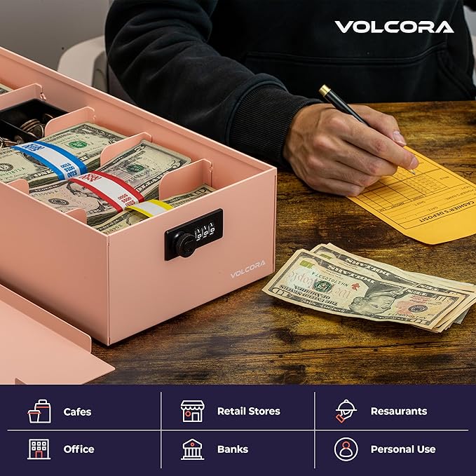 Volcora Cash Box Money Organizer - 15” x 7.5” x 4” Cashbox 5 Compartments Drawer Tray - Bills and Coin Slot with Combination Lock for POS Register, Kiosk, Retail, Personal and Business Use, Pink