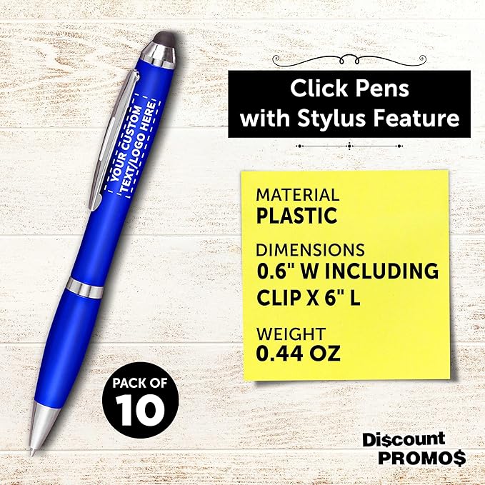 DISCOUNT PROMOS Custom Plastic Stylus Pens Set of 10, Personalized Bulk Pack - Black Ink, Great for Office, School, Business, Tradeshows, Events - Blue
