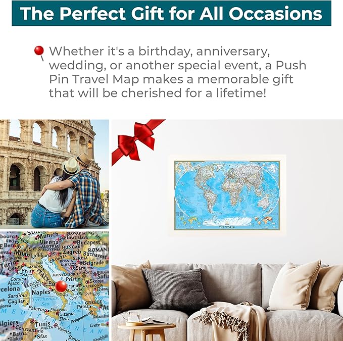 Push Pin Travels - Classic World, Textured White with 150 Pins for Tracking Your Travels - 27.5" x 39.5" - 8 Handcrafted Options - Made in USA - Ideal for Any Traveler