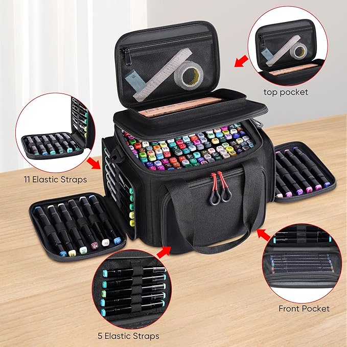 Large Marker Organizer Case for 200-300 Markers, Art Marker Storage Bag with Removable Dividers & 4 Pockets for Paint Markers, Shoulder Strap, Pencil Alcohol Marker Holder