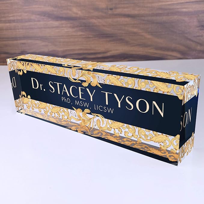 Artblox Office Desk Name Plate Personalized | Custom Name Plates For Desks | Leaf Gold Design On Clear Acrylic Glass | Cute Office Desk Accessories Customized Gifts - (8" x 2.5")